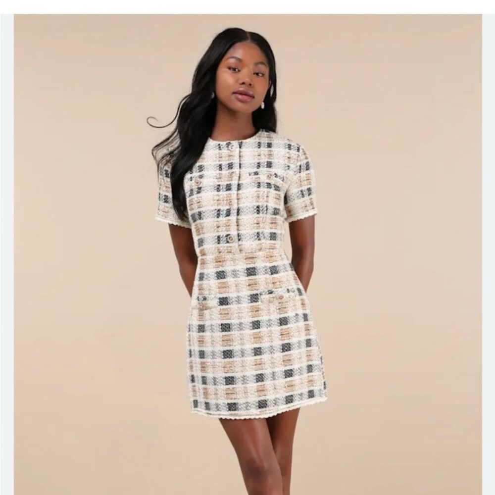 NWT Lulus  Plaid Short Sleeve Tweed Dress